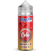 A bottle of Kingston brand e-liquid with a Cola Vanilla flavor. The label shows a red and yellow design with a cola bottle graphic and text specifying the flavor and nicotine level of the product.